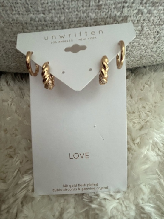 Unwritten Jewelry - Unwritten Gold Twisted Hoop & CZ Huggie Earring Set of 3 but 1 missing